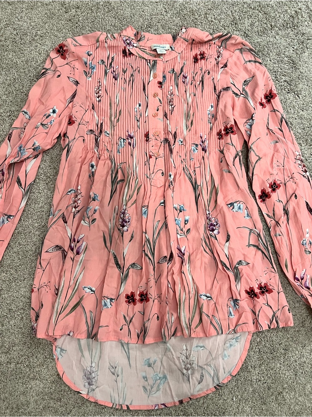 Sundance Pink Floral Pintuck Tunic Long Sleeve Lightweight High Low Blouse XS